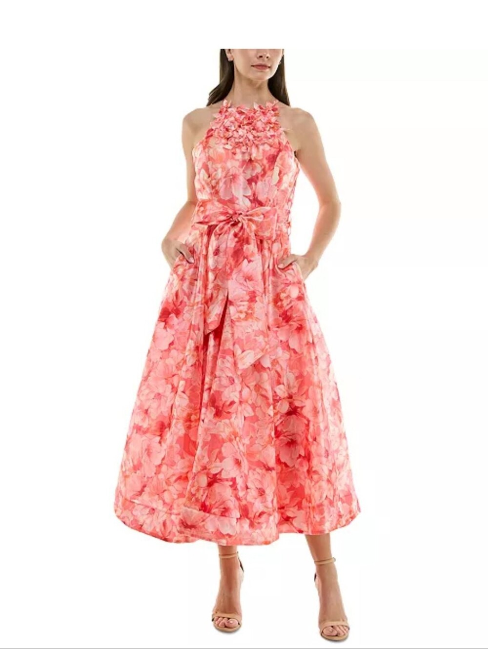 Just Taylor NWT $198 Size 14 Coral Floral 3D Applique Halter Maxi Dress Gown Lux